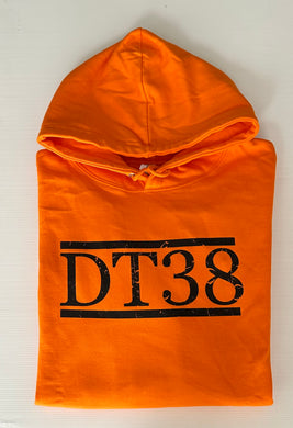 Orange Hoodie with Distressed Black DT38 Logo