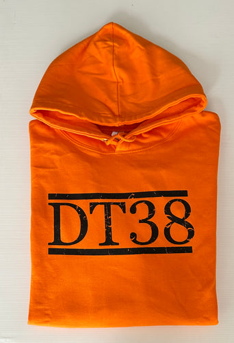 Orange Hoodie with Distressed Black DT38 Logo