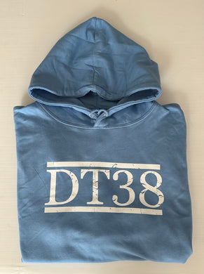 Blue Hoodie with Distressed White DT38 Logo