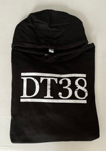 Load image into Gallery viewer, Black Hoodie with Distressed White DT38 Logo
