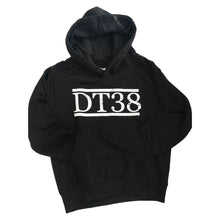 Load image into Gallery viewer, Black Hoodie with Distressed White DT38 Logo