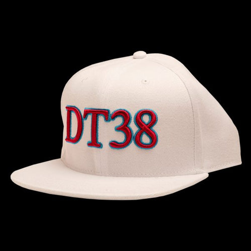 DT38 Snapback Cap - White with Claret and Blue